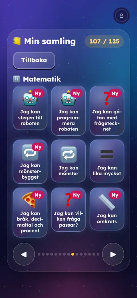 Appen i åk 5: Min samling med samlarkort som Jag kan stegen till roboten och Jag kan mönster.