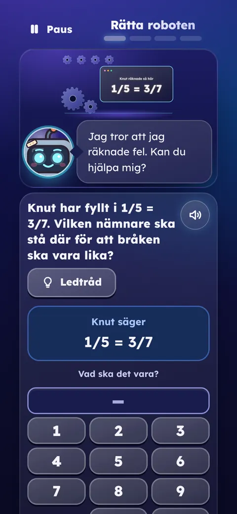 Appen i åk 5: minispelet Rätta roboten, där Knut har fyllt i 1/5 = 3/7.