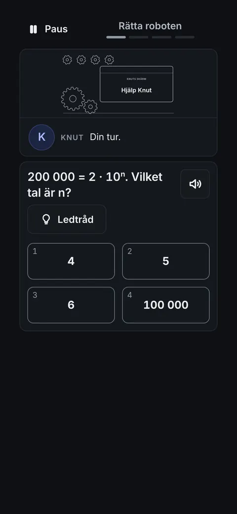 Appen i åk 8: minispelet Rätta roboten med uppgiften 200 000 = 2 · 10ⁿ.