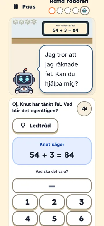 Appen: minispelet Rätta roboten, där Knut har räknat 54 + 3 = 84 och barnet hjälper honom.
