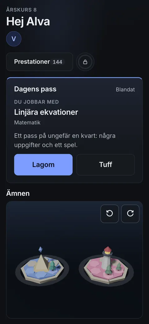 Appen i åk 8: startsidan med Dagens pass, Linjära ekvationer, och valet Lagom eller Tuff.