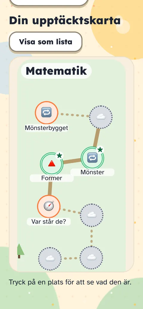 Appen: upptäcktskartan för matematik med platser som Former och Mönster.