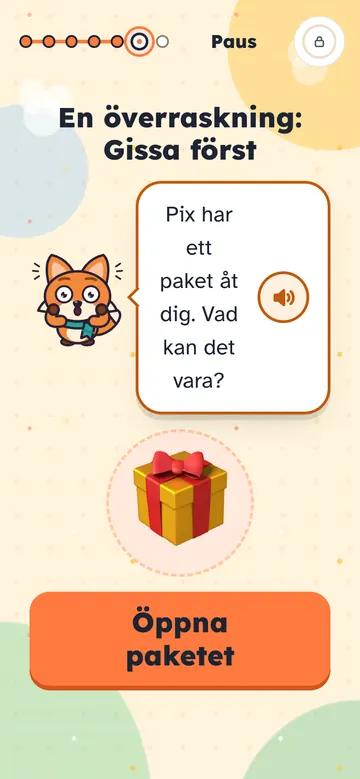 Appen: "En överraskning: Gissa först" med ett paket och knappen Öppna paketet.