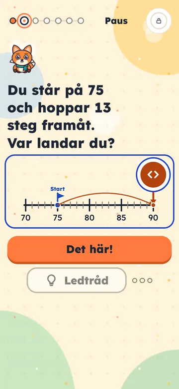 Appen: en uppgift på tallinjen, du står på 75 och hoppar 13 steg framåt.
