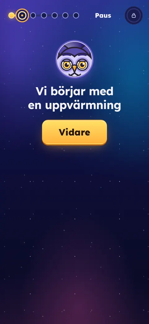 Appen i åk 5: Vera säger "Vi börjar med en uppvärmning" och en knapp Vidare.