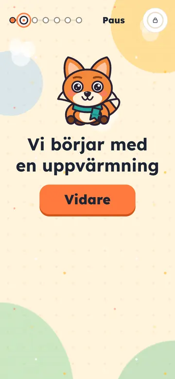 Appen: Pix säger "Vi börjar med en uppvärmning" och en knapp Vidare.