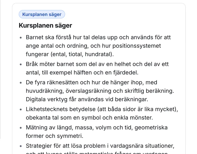 Föräldrapanelen, Krav och målbild: vad kursplanen säger om matematik i årskurs 1–3, i klarspråk.
