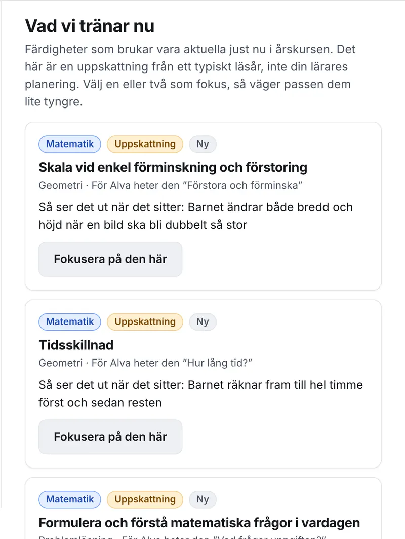 Föräldrapanelen, Vad vi tränar nu: färdigheter som brukar vara aktuella nu, med hur det ser ut när det sitter.